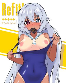 Rule 34 | 1girl, absurdres, alternate breast size (larger), blue eyes, blue one-piece swimsuit, blush, breasts, brown dust (series), brown dust 2, character name, clothes pull, condom, condom in mouth, condom wrapper, covered navel, embarrassed, full-face blush, grey hair, hair between eyes, heterochromia, highres, long hair, looking at viewer, medium breasts, mouth hold, nipples, one-piece swimsuit, one-piece swimsuit pull, red eyes, refithea (brown dust), solo, swimsuit, tan, tanline, twitter username, undressing, very long hair, yuuki ketsui