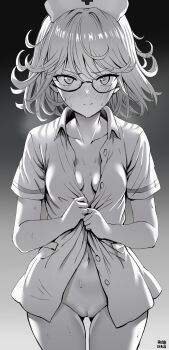 1girl absurdres alternate_costume bespectacled blush bottomless breasts collarbone commentary english_commentary flipped_hair glasses gradient_background greyscale hat head_cha_la heavy_breathing highres looking_at_viewer medium_hair monochrome navel nose_blush nurse nurse_cap one-punch_man open_clothes open_shirt pussy semi-rimless_eyewear small_breasts solo straight-on sweat tatsumaki thighs uncensored under-rim_eyewear