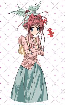 Rule 34 | 1girl, anger vein, antenna hair, blue eyes, collared shirt, crescent, cropped legs, crossed arms, dress, green dress, hair bun, hair intakes, hair ornament, headscarf, highres, hunter x hunter, juliet sleeves, long hair, long sleeves, looking at viewer, neon nostrade, patterned background, pink hair, pink shirt, pout, puffy sleeves, sanpaku, shirt, simple background, single hair bun, solo, sphere hair ornament, star (symbol), ultomato523548, vest, white background, white headscarf, yellow vest