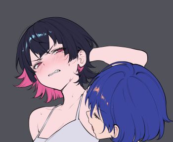 Rule 34 | 2girls, animated, animated gif, arm up, bare shoulders, belle (zenless zone zero), black hair, blue hair, blush, colored inner hair, ellen joe, grey background, highres, licking, licking armpit, mole, mole under eye, multicolored hair, multiple girls, pink eyes, pink hair, qiandaiyiyu, sharp teeth, short hair, simple background, teeth, tongue, tongue out, two-tone hair, upper body, yuri, zenless zone zero