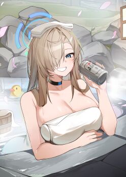 1girl absurdres asuna_(blue_archive) bare_shoulders beer_can blonde_hair blue_archive blue_eyes blue_halo blush breasts bucket can choker cleavage collarbone drink_can floating floating_object grin hair_over_one_eye halo highres large_breasts long_hair looking_at_viewer naked_towel onsen partially_submerged rubber_duck siwa_(st_ekfrlfkep) smile solo towel towel_on_head very_long_hair wooden_bucket