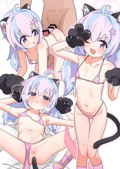 1boy 1girl absurdres ahoge anal_tail animal_ears animal_hands ass bar_censor black_gloves blue_archive blush butt_plug cat_ears cat_paws cat_tail censored cleft_of_venus fake_tail flat_chest gloves hair_ornament heart heart_censor highres loli long_hair looking_at_viewer multicolored_hair nipples one_eye_closed open_mouth paw_gloves penis pink_hair purple_eyes purple_hair pussy reisa_(blue_archive) sex_toy simple_background socks star_(symbol) star_hair_ornament striped_clothes striped_socks tail twintails white_background yonketa