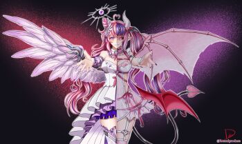 1girl absurdres ahoge black_sclera breasts cleavage colored_sclera commentary cone_hair_bun demon_horns demon_wings detached_collar detached_sleeves english_commentary evil_grin evil_smile frills garter_straps grin hair_bun hair_ornament head_wings heart heart_ahoge highres horns ironmouse large_breasts low_wings multiple_wings nail_polish o-ring o-ring_thigh_strap outstretched_arms pink_eyes pink_hair pointy_ears purple_eyes purple_hair romulproduce smile split_screen thigh_strap thighhighs twintails virtual_youtuber vshojo wings wrist_cuffs