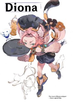 1girl animal_ear_fluff animal_ears animated animated_gif bangs_pinned_back black_boots boots cat cat_ears cat_girl cat_tail character_name cup detached_sleeves diona_(genshin_impact) drinking_glass english_text forehead full_body genshin_impact gloves green_eyes half-closed_eyes hat holding holding_tray looking_at_viewer multicolored_tail paw_print pink_hair puffy_detached_sleeves puffy_shorts puffy_sleeves sadecsss short_hair shorts simple_background sketch solo tail tail_ornament thick_eyebrows tray vision_(genshin_impact) white_background