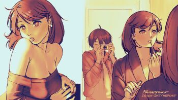 1boy 1girl ahoge applying_lipstick applying_makeup applying_own_makeup armpit_crease bare_shoulders bathrobe breasts brown_eyes brown_hair camera cleavage collarbone commentary dress earrings english_commentary flipped_hair head_on_own_shoulder holding holding_camera hood hood_down hoodie jewelry large_breasts lips long_sleeves medium_hair mirror multiple_views off-shoulder_dress off_shoulder open_clothes open_hoodie paaaatchieee parted_lips pearl_earrings persona persona_3 reflection sepia short_hair signature stud_earrings swept_bangs takeba_yukari taking_picture upper_body yuuki_makoto_(persona_3)