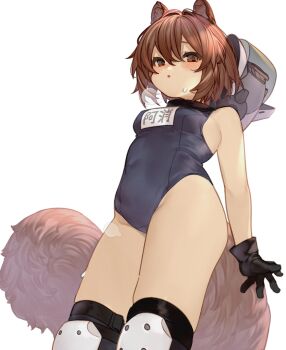 1girl animal_ear_helmet animal_ears animal_helmet arknights black_gloves blue_one-piece_swimsuit brown_eyes brown_hair commentary_request fire_helmet gloves hair_between_eyes highres knee_pads kochiya_(gothope) looking_at_viewer name_tag new_school_swimsuit one-piece_swimsuit school_swimsuit shaw_(arknights) short_hair solo squirrel_ears squirrel_girl squirrel_tail swimsuit tail white_background
