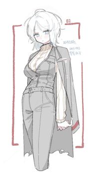 1girl belt black_jacket black_vest blue_eyes breasts faust_(project_moon) full_body jacket korean_text large_breasts light_frown limbus_company looking_at_viewer nagakiras2 open_clothes open_jacket pants project_moon short_hair solo sweater turtleneck turtleneck_sweater vest white_hair