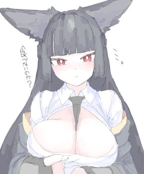 absurdres animal_ears black_hair blush breast_press breasts cat_ears colored_skin commentary_request highres hoshimi_miyabi large_breasts mocamocaink mummy_costume no_bra solo white_background white_skin zenless_zone_zero