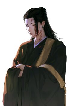 1boy asian black_eyes black_hair black_kimono blood blood_on_face blood_on_neck closed_mouth crossed_arms getou_suguru highres japanese_clothes jujutsu_kaisen kimono long_hair male_focus plug_(piercing) simple_background solo sudstance twitter_username white_background