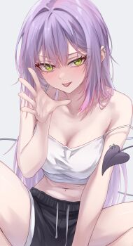 1girl :p absurdres barbell_piercing bare_arms black_shorts breasts camisole cleavage colored_inner_hair commentary crop_top demon_girl demon_tail double-parted_bangs ear_piercing green_eyes grey_background hair_between_eyes hand_up highres hololive industrial_piercing large_breasts long_hair looking_at_viewer midriff multicolored_hair navel navel_piercing piercing pink_hair pointy_ears purple_hair rei_(9086) short_shorts shorts simple_background sitting solo spiked_ear_piercing strap_slip tail tail_ornament tail_piercing tokoyami_towa tongue tongue_out very_long_hair virtual_youtuber white_camisole