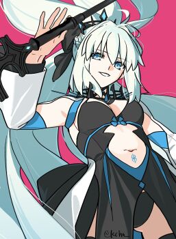 Rule 34 | 1girl, black bow, black dress, black panties, black tiara, blue eyes, bow, braid, chietori, dress, fate/grand order, fate (series), hair between eyes, hair bow, half up braid, highres, holding, holding polearm, holding weapon, long hair, looking at viewer, morgan le fay (fate), morgan le fay (third ascension) (fate), panties, polearm, ponytail, smile, solo, spikes, stomach tattoo, tattoo, tiara, two-tone dress, underwear, very long hair, weapon, white hair