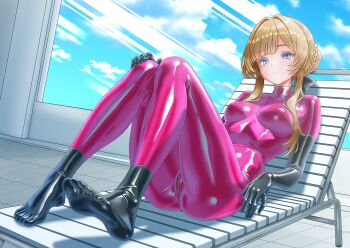 Rule 34 | 1girl, absurdres, ass, black bow, black gloves, black socks, blonde hair, blue eyes, blue sky, bodysuit, bow, braid, breasts, bun with braided base, cameltoe, chair, crotch zipper, elbow gloves, expressionless, feet, foot focus, full body, genshin impact, gloves, hair bow, hair bun, hand on own knee, highres, impossible bodysuit, impossible clothes, kstrx-tca, latex, latex bodysuit, latex footwear, latex gloves, long hair, long sidelocks, looking at viewer, lounge chair, midriff, pale skin, pink bodysuit, reclining, sandrone (genshin impact), sidelocks, skin tight, sky, small breasts, socks, solo, window