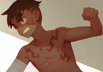 1boy angry bandaged_arm bandages body_markings brown_hair clenched_teeth male_focus nipples original red_eyes ryou_hiryuu shaved_head solo teeth toned toned_male topless_male undercut