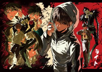 1girl 4boys absurdres adjusting_hood bag belt black_belt black_hair black_pants brown_hair brown_jacket chinese_commentary collared_shirt commentary_request death_note death_note_(object) grey_hoodie hand_in_pocket highres hood hood_up hoodie jacket l_(death_note) looking_at_viewer male_focus misora_naomi multiple_boys necktie open_clothes open_jacket pants raye_penber red_necktie ryuk school_bag shinigami shirt shirt_tucked_in shoulder_bag suit_jacket thumb_to_mouth translation_request walking watch white_shirt wireless_earphones wristwatch xi_luo_an_ya yagami_light zipper_pull_tab