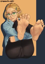 Rule 34 | 1girl, absurdres, barefoot, blonde hair, feet, foot focus, glasses, highres, looking at viewer, natsuko ashi, nintendo, no shoes, pointy ears, princess zelda, sitting, smile, soles, solo, spread toes, the legend of zelda, the legend of zelda: breath of the wild, toes