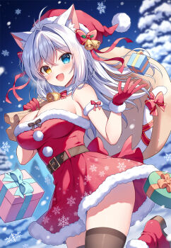 1girl :d aina_rive animal_ears antenna_hair bell belt black_thighhighs blue_eyes blush bow breasts cat_ears cat_girl cat_tail christmas christmas_present cleavage commentary_request crossed_bangs double-parted_bangs dress fur-trimmed_dress fur-trimmed_gloves fur_choker fur_trim gift gloves hair_bell hair_intakes hair_ornament hat heterochromia highres large_breasts looking_at_viewer mauve neck_bell open_mouth original red_bow ribbon santa_costume santa_dress santa_hat shirt smile snowflake_print snowflakes snowing solo strapless strapless_dress tail tail_ornament tail_ribbon thighhighs thighs white_shirt yellow_eyes