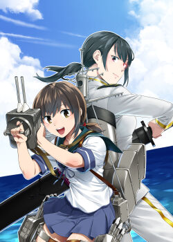 Rule 34 | 2girls, absurdres, black hair, brown eyes, brown hair, cloud, cloudy sky, commentary request, female admiral (kancolle), fubuki (kancolle), highres, holding, holding sword, holding weapon, kantai collection, looking at viewer, military, military uniform, multiple girls, nakama saori, naval uniform, ocean, ponytail, revision, rigging, school uniform, short hair, sky, smokestack, sword, torpedo, torpedo tubes, weapon