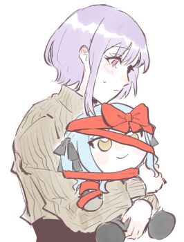 1girl bang_dream! bang_dream!_it's_mygo!!!!! brown_sweater character_doll closed_mouth commentary doll hugging_object hui_0w0 oblivionis_(bang_dream!) pink_eyes purple_hair red_ribbon ribbon short_hair simple_background sweatdrop sweater symbol-only_commentary togawa_sakiko white_background yuutenji_nyamu