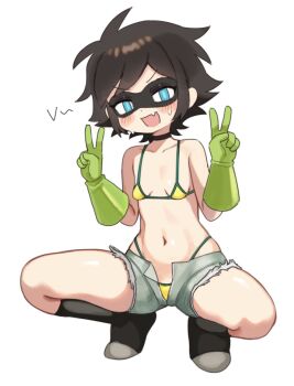 1girl batrobin_k bikini blue_hair breasts brown_hair choker domino_mask double_v eye_mask fang gloves green_gloves highres loli mask micro_bikini navel original robin_(batrobin_k) short_hair short_shorts shorts simple_background skin_fang small_breasts spread_legs squatting swimsuit v white_background