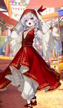 1girl bracelet braid breasts bright_pupils commentary_request crossed_bangs dress earrings fate/grand_order fate_(series) grey_eyes hair_between_eyes hands_up jewelry layered_clothes long_hair long_sleeves looking_at_viewer multiple_braids necklace official_art open_mouth outdoors pants red_dress red_shoes saika_magoichi_(fate) saika_magoichi_(celebratory_attire)_(fate) shirabi shirt shoes sidelocks small_breasts smile solo standing string_of_flags veil white_hair white_pants white_pupils white_shirt white_veil wide_sleeves