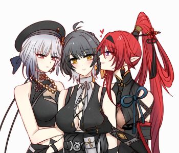 3girls antenna_hair arm_hug bare_shoulders bead_necklace beads black_hair blunt_bangs blush breasts chinese_clothes cleavage commentary_request earrings female_rover_(wuthering_waves) bad_tag from_side grabbing_another's_breast gradient_hair grey_hair groping group_sex hair_between_eyes hair_ornament hairpin hat head_tilt headband heart high_ponytail highres jewelry large_breasts leaning_on_person leaning_to_the_side long_hair looking_at_another looking_at_viewer looking_to_the_side medium_breasts mole mole_under_eye multicolored_hair multiple_girls multiple_rings necklace orange_eyes pointy_ears ponytail purple_eyes red_eyes red_hair ribbon ring rover_(wuthering_waves) sanhua_(wuthering_waves) simple_background sleeveless standing threesome upper_body white_background wuthering_waves yinlin_(wuthering_waves) yuri zasyyu134