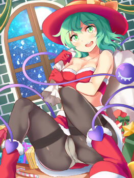 1girl adapted_costume arched_window bare_shoulders black_pantyhose blush boots bow box breasts brick_wall christmas_present cleavage collarbone commentary_request crotch_seam disembodied_linked_eye foot_out_of_frame fur-trimmed_boots fur-trimmed_skirt fur_trim gift gift_box gloves green_eyes green_hair hair_between_eyes happy hat hat_bow heart-shaped_ornament highres holding holding_sack indoors knees_up komeiji_koishi looking_at_viewer medium_breasts medium_hair miniskirt nagomian night open_mouth panties panties_under_pantyhose pantyhose red_boots red_gloves red_hat red_skirt round_teeth sack santa_costume skirt smile snowing solo spread_legs teeth thighband_pantyhose touhou underwear upper_teeth_only wavy_hair window yellow_bow
