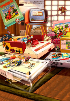 1girl 5boys animal armlet artist_name barrel bilingual_commentary birdo black_cape black_eyes black_hair black_shirt black_shoes blonde_hair blue_eyes blue_shirt blue_vest bowser bracelet brown_hair brown_shoes buck_teeth cape chill_(dr._mario) closed_mouth commentary company_connection controller crt dial_television donkey_kong donkey_kong_(1981_game) donkey_kong_(series) dr._mario dr._mario_(game) dress elbow_gloves english_commentary facial_hair famicom famicom_cartridge fever_(dr._mario) fuzz_(wario's_woods) game_cartridge game_console game_controller gloves gorilla green_hat green_overalls hammer hat highres holding holding_barrel holding_mushroom horns indoors jewelry ladder lakitu long_dress long_hair luigi maribou_(supermaribou) mario mario_(series) mario_bros. mini_person miniboy minigirl mismatched_eyebrows mixed-language_commentary multiple_boys mushroom mustache newsboy_cap nintendo nipples open_clothes open_mouth open_vest orange_hair overalls pants pink_dress pink_shoes princess_peach rabbit_ears_antenna radio_antenna red_hat red_overalls reflection shellcreeper shirt shoes short_hair shouji shy_guy sliding_doors smile spiked_armlet spiked_bracelet spikes spud_(wario's_woods) squeak_(wario's_woods) super_mario_bros._1 super_mario_bros._2 super_mario_bros._3 super_mushroom teeth television toad_(mario) tongue tongue_out twitter_username vest video_game virus_(dr._mario) wario wario's_woods wart_(mario) weird_(dr._mario) white_gloves white_pants wrecking_crew yellow_eyes