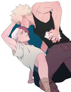 2boys arm_support arm_up bakugou_katsuki black_shirt blonde_hair boku_no_hero_academia commentary_request explosion eye_contact feet_out_of_frame grey_pants grin highres looking_at_another male_focus melonbite multicolored_hair multiple_boys nervous_sweating pants parted_lips red_hair shirt short_sleeves simple_background smile smoke split-color_hair sweat tank_top todoroki_shoto toned toned_male white_background white_hair white_shirt yaoi