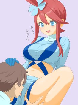 Rule 34 | 1boy, 1girl, :d, absurdres, belt, blue belt, blue eyes, blue gloves, blue jacket, blue shorts, blush, breasts, brown hair, chest harness, commentary request, commission, crop top, cropped jacket, cunnilingus, cunnilingus through clothes, gloves, hair between eyes, hair ornament, hand on another's head, harness, highres, jacket, large breasts, long hair, looking at another, m legs, majikichi915, midriff, navel, nintendo, one side up, open mouth, oral, partial commentary, pokemon, pokemon bw, purple background, red hair, short hair, short shorts, shorts, simple background, skyla (pokemon), smile, spread legs, swept bangs, teeth, tongue, tongue out, translation request, upper teeth only