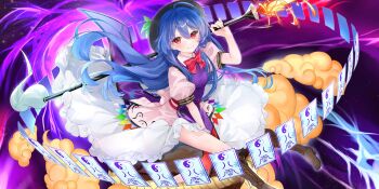 Rule 34 | 1girl, alternate costume, artist request, black hat, blue hair, blush, boots, bow, bowtie, brown boots, closed mouth, cloud, cosplay, game cg, hat, hat ornament, highres, hinanawi tenshi, holding, holding weapon, leaf hat ornament, long hair, looking at viewer, official art, ofuda, pink shirt, puffy short sleeves, puffy sleeves, purple tabard, red bow, red bowtie, red eyes, shirt, short sleeves, skirt, smile, solo, tabard, third-party source, touhou, touhou lostword, very long hair, weapon, white skirt, yakumo yukari, yakumo yukari (cosplay)
