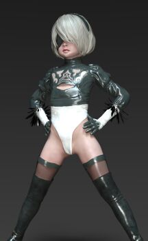 1girl 2b_(nier:automata) 3d cameltoe female_focus grey_hair highres latex leotard loli nier:automata nier_(series) partially_visible_vulva solo standing tagme thighhighs thighs