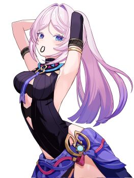 1girl armlet arms_behind_head black_leotard blue_eyes breasts citlali_(genshin_impact) cowboy_shot elbow_gloves facial_mark genshin_impact gloves hair_between_eyes hair_intakes hair_tie_in_mouth halter_leotard halterneck hashtag-only_commentary highres jewelry kima_(jp4g6kfhb842057) leotard long_hair looking_at_viewer mouth_hold multiple_armlets pink_hair pink_pupils single_elbow_glove solo triangle triangle_facial_mark tying_hair very_long_hair vision_(genshin_impact) white_background