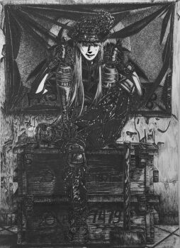 1girl black_gloves bonnet boots bordfunker133 camouflage camouflage_pants crossed_legs digital_camouflage evgenia_blinova gloves greyscale highres holding holding_shell knee_guards long_hair looking_at_viewer mole mole_above_mouth mole_on_cheek monochrome original pants photo_(medium) russo-ukrainian_war shell short_sleeves sitting smile soldier solo tactical_gloves tongue tongue_out