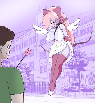 1boy 1girl :d alternate_costume android arrow_(projectile) arrow_in_body blank_eyes blush bow breasts brown_hair building cleavage closed_eyes colored_skin dress drill_hair drill_ponytail green_shirt hair_bow hair_over_one_eye highres jewelry joints large_breasts monochrome_background open_mouth original pink_hair purple_background purple_skin quiver robot robot_joints shirt smile surprised sweatdrop thighhighs white_eyes wings zedrin