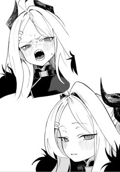 Rule 34 | 1girl, ahoge, blue archive, blush, greyscale, hair ornament, hairclip, hina (blue archive), horns, long hair, looking at viewer, monochrome, multiple views, open mouth, slit pupils, smile, toriko (honmono), white background