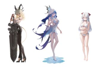 3girls absurdres arm_strap armlet bare_legs bare_shoulders barefoot bikini black_horns black_pants black_shoes blue_butterfly blue_eyes blue_hair blue_nails blue_veil blush bow breasts bug butterfly butterfly_on_hand button_gap carlotta_(wuthering_waves) cleavage closed_mouth collar commentary_request curled_horns ddcc0123 dress feet full_body hair_between_eyes hair_bow halterneck hand_up heel-less_heels high_heel_sandals high_heels highres horns insect jewelry korean_commentary large_breasts legs long_hair looking_at_viewer medium_breasts multiple_girls nail_polish navel necktie necktie_around_wrists pants parted_bangs pink_bow purple_eyes red_eyes red_necktie sandals shirt shoes shorekeeper_(wuthering_waves) side-tie_bikini_bottom simple_background sleeveless sleeveless_dress smile stomach string_bikini swimsuit toes two-tone_veil veil white_background white_bikini white_dress white_hair white_shirt white_veil wuthering_waves zani_(wuthering_waves)