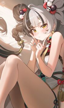 1girl absurdres ahoge aqua_nails bare_shoulders black_hair black_panties blush braid braided_twintails cameltoe china_dress chinese_clothes closed_mouth dialyn_(zenless_zone_zero) double_bun dress finger_to_own_chin from_side hahany hair_bun hair_extensions hair_ornament hairclip hashtag-only_commentary highres knees_up long_hair looking_at_viewer lying multicolored_hair multicolored_nails necktie on_side panda_hair_ornament panties pink_nails ring_hair_extensions signature solo sparkling_eyes split-color_hair twitter_username underwear white_dress white_hair wire yellow_eyes yellow_necktie zenless_zone_zero