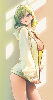 1girl absurdres bottomless breasts commentary_request cowboy_shot green_hair highres hood hood_down hooded_jacket jacket looking_to_the_side medium_breasts medium_hair naked_jacket open_mouth original purple_eyes qingli_ye solo standing teeth upper_teeth_only white_jacket