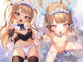 1girl absurdres angry apron arms_up black_thighhighs blush bow bow_panties breasts bride brown_hair dress earrings elbow_gloves gloves henreader highres jewelry lifting_own_clothes loli long_hair looking_at_viewer maid maid_apron multiple_views nipples non-web_source nude open_mouth orange_eyes original panties pussy_juice pussy_juice_puddle ring single_earring small_breasts squatting sweat thighhighs two_side_up unconventional_maid underboob underwear veil white_panties white_thighhighs