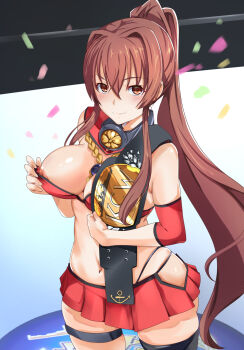 1girl bare_shoulders battleship belt bikini bikini_top_only breasts championship_belt confetti detached_sleeves frilled_skirt frills gold_trim hair_between_eyes highres holding holding_belt kantai_collection large_breasts long_hair looking_at_viewer military military_vehicle miniskirt moroheiya_(moroheiya-works) navel nipple_slip nipples no_bra ponytail red_eyes red_skirt ship skirt smile solo standing swimsuit thigh_strap thighs warship watercraft wrestler wrestling_outfit wrestling_ring yamato_(kancolle)