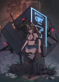 1girl absurdres animal_ear_fluff animal_ears assault_rifle backlighting bikini black_bikini boots breasts brown_hair cadpat callisto_(greyeth) chain combat_boots commission denim denim_shorts dog_tags fingerless_gloves fox_ears fox_tail gloves gun highres holding holding_gun holding_weapon holster long_bangs looking_at_viewer medium_breasts metal_plate midriff multicolored_hair navel_piercing neon_sign orange_eyes original piercing ponytail rifle robot second-party_source shell_casing short_shorts shorts sig_mpx streaked_hair submachine_gun swimsuit syaha tail thigh_holster thighhighs thong tree watch weapon