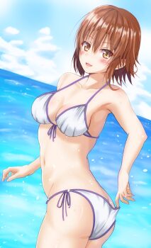 1girl absurdres ass beach bikini breasts brown_eyes brown_hair butt_crack fugi_(nyanpasu_axela) grand_blue hair_between_eyes highres kotegawa_chisa looking_at_viewer medium_breasts medium_hair navel ocean open_mouth short_hair solo swimsuit white_bikini