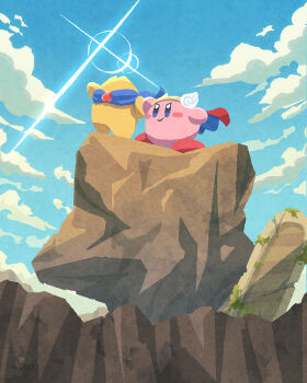 blue_eyes blue_sky blush_stickers closed_mouth cloud commentary_request day hat highres kirby kirby_(series) miclot nintendo no_humans outdoors sky smile starman_(kirby) yellow_hat