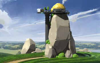 3d absurdres boulder building bush chimney cloud concept_art day dome english_text fence highres hover_vehicle no_humans outdoors path photo_background road satellite_dish scenery science_fiction simple_bird still_life sunlight topiary tower tree wooden_fence wookun