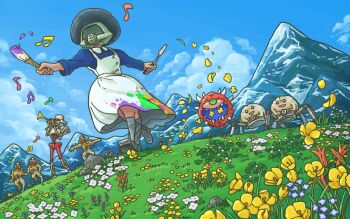 1boy afro arachnotron armored_boots assault_visor blue_shirt blue_sky boots buttons cacodemon clover colored_sclera commentary_request creature crossdressing crossdressing_(mtf) cyborg dancing day demon doom_(series) doom_ii doomguy doot_(meme) dress dutch_angle eighth_note field flower girly_running grass green_sclera helmet holding holding_paintbrush horns imp_(doom) instrument kurashiki_nanka long_sleeves meadow meme mountain musical_note one-eyed outdoors outstretched_arms paint paint_stains paintbrush palette_knife parody petals revenant_(doom) rock running shirt shirt_under_dress skeleton sky spread_arms the_sound_of_music trumpet white_dress yellow_flower