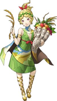 1girl blonde_hair bracelet cape child cleavage_cutout clothing_cutout cornucopia demeter_(megami_tensei) demon_(megami_tensei) doi_masayuki dress food fruit grapes head_wreath highres holding jewelry looking_at_viewer official_art red_eyes ribbon shin_megami_tensei shin_megami_tensei:_deep_strange_journey shin_megami_tensei:_strange_journey solo standing third-party_source transparent_background wheat