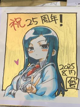 1girl absurdres anniversary armor black_jacket blue_eyes blue_hair blue_haori blush_stickers closed_mouth collared_shirt commentary_request cropped_torso crossed_arms dated frown gyousatsu_shinsengumi haori heart highres hijikata_toshie jacket japanese_armor japanese_clothes kote long_hair long_sleeves looking_at_viewer marker_(medium) necktie photo_(medium) red_necktie shikishi shinsengumi shirt solo traditional_media upper_body v yagumo_kengou