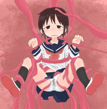 1girl blue_sailor_collar blue_skirt blush breath brown_eyes brown_hair clothes_lift female_focus flat_chest full_body half-closed_eyes hands_up loli long_sleeves looking_at_viewer m_legs matching_hair/eyes miniskirt neckerchief nose_blush open_mouth original panties pee peeing peeing_self pink_background pleated_skirt ponnu_(tnpn2yw) raised_eyebrows red_neckerchief red_shoes restrained sailor_collar school_uniform serafuku shirt shoes short_hair sidelocks skirt skirt_lift solo spread_legs straight-on sweat teeth tentacles tentacles_under_clothes underwear variant_set wavy_mouth white_panties white_shirt