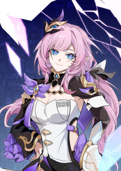 1girl absurdres black_shrug blue_eyes breasts chinese_commentary cleavage commentary_request commission corset elf elysia_(honkai_impact) elysia_(miss_pink_elf)_(honkai_impact) hair_ornament highres honkai_(series) honkai_impact_3rd large_breasts long_hair looking_at_viewer pink_hair pointy_ears shrug_(clothing) smile solo very_long_hair white_corset xueyu774433