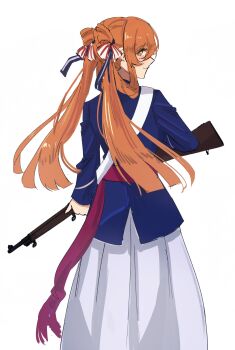 1girl absurdres blue_jacket blue_ribbon bolt_action brown_hair girls&#039;_frontline green_eyes gun hair_between_eyes hair_ribbon hair_rings highres holding holding_gun holding_weapon jacket long_hair long_sleeves looking_at_viewer m1903_springfield purple_sash ribbon rifle sash shino_duka sidelocks_tied_back simple_background skirt solo springfield_(girls&#039;_frontline) very_long_hair weapon white_background white_ribbon white_skirt